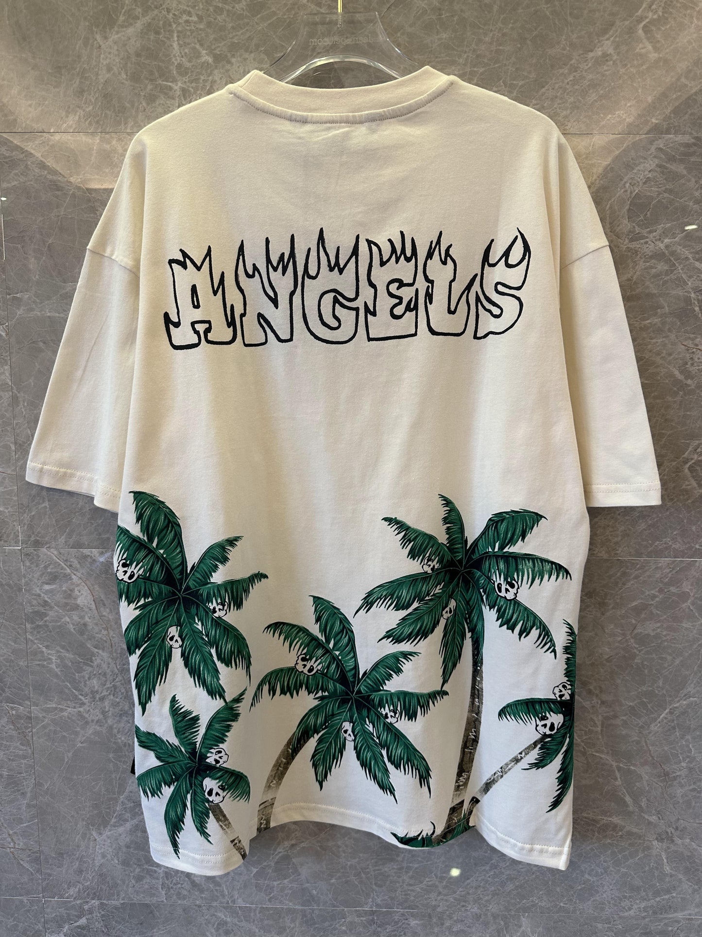 Palm Angels off-white t-shirt with flame logo and skull palm tree