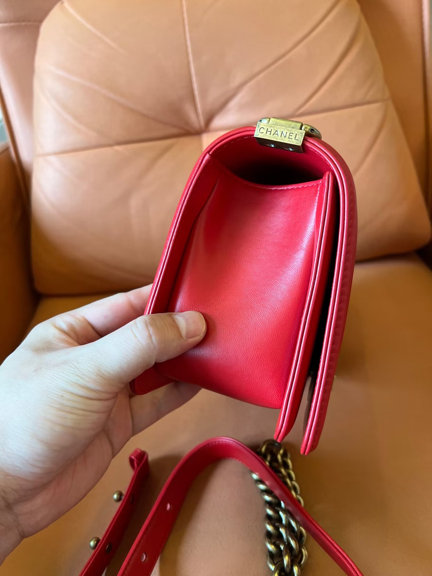 Chanel Medium Boy Bag Red Lambskin Antique Gold Hardware