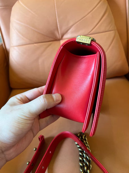 Chanel Medium Boy Bag Red Lambskin Antique Gold Hardware