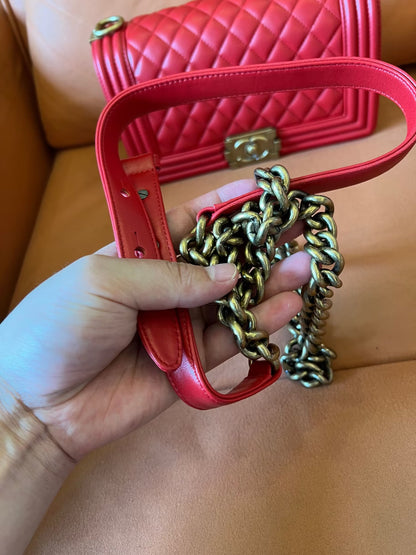 Chanel Medium Boy Bag Red Lambskin Antique Gold Hardware