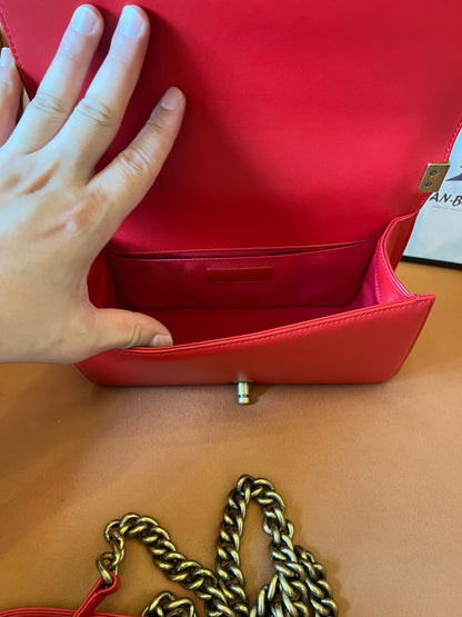 Chanel Medium Boy Bag Red Lambskin Antique Gold Hardware