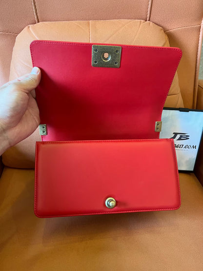 Chanel Medium Boy Bag Red Lambskin Antique Gold Hardware