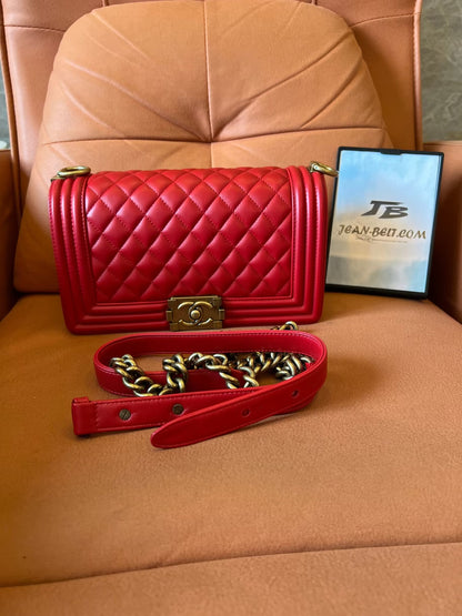 Chanel Medium Boy Bag Red Lambskin Antique Gold Hardware