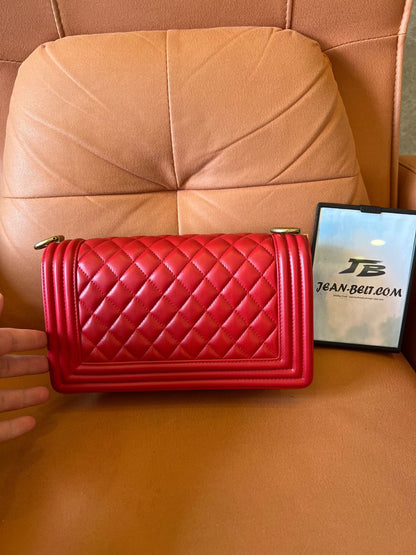 Chanel Medium Boy Bag Red Lambskin Antique Gold Hardware