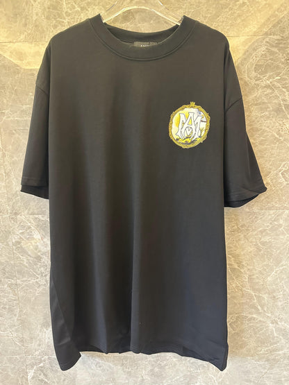 Amiri Black T-shirt with Yellow Emblem and Sun-Moon Graphic Back