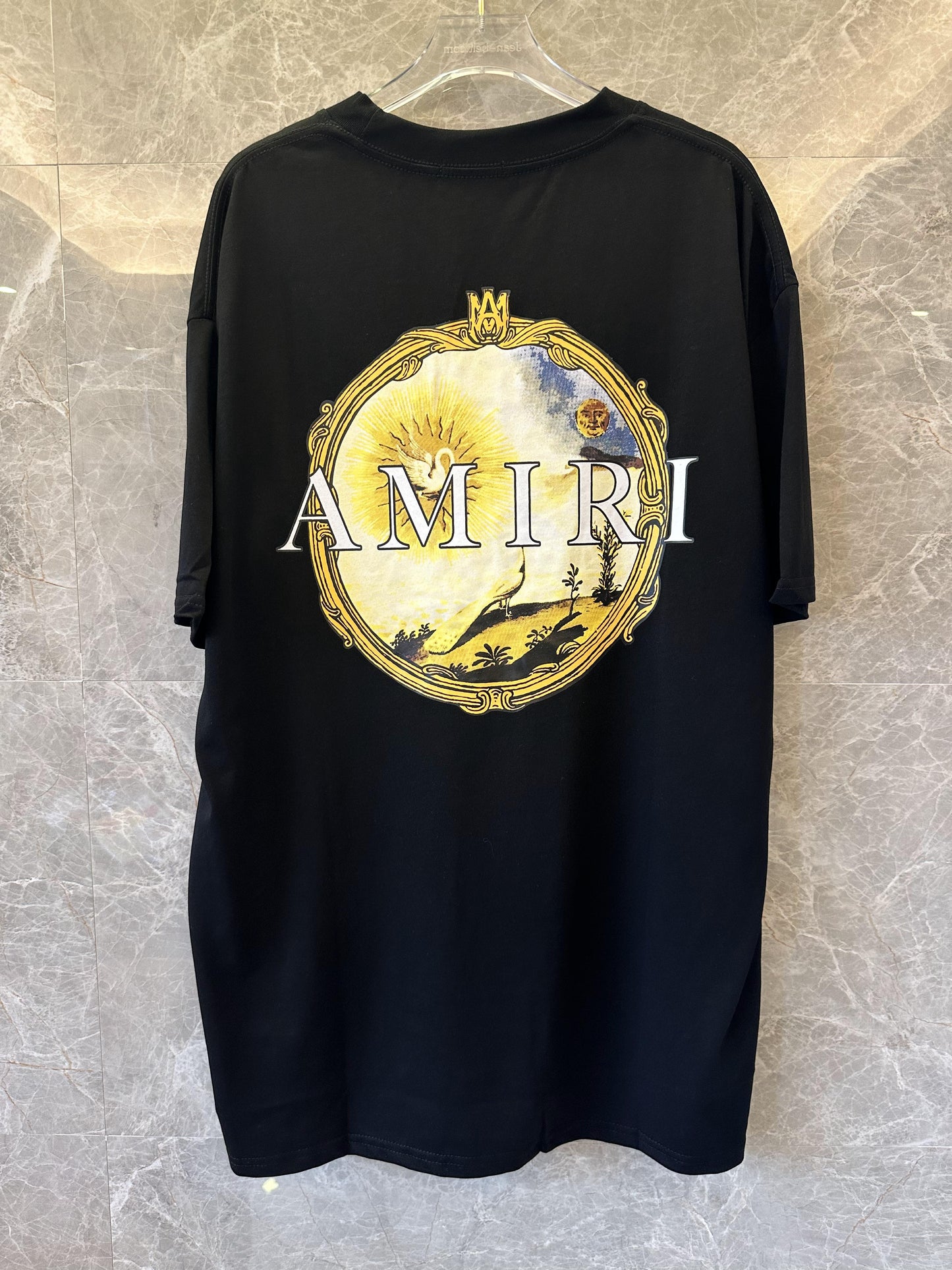 Amiri Black T-shirt with Yellow Emblem and Sun-Moon Graphic Back