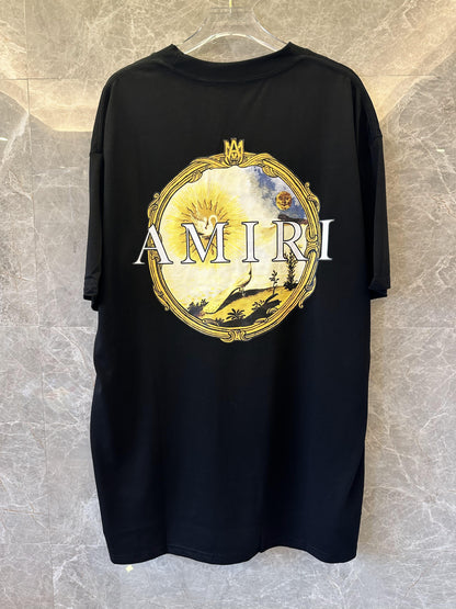 Amiri Black T-shirt with Yellow Emblem and Sun-Moon Graphic Back