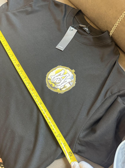 Amiri Black T-shirt with Yellow Emblem and Sun-Moon Graphic Back
