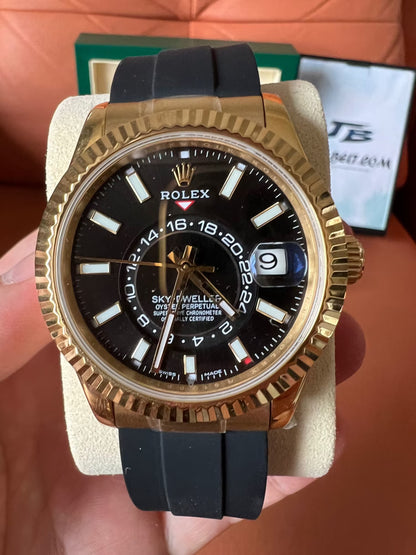Rolex Sky-Dweller 18K gold with black dial and oysterflex strap