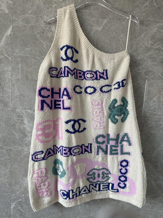 Chanel Graphic Logo Knitted One-Shoulder Top