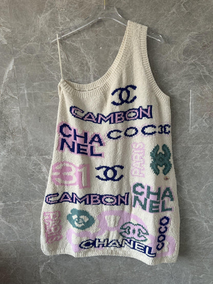 Chanel Graphic Logo Knitted One-Shoulder Top