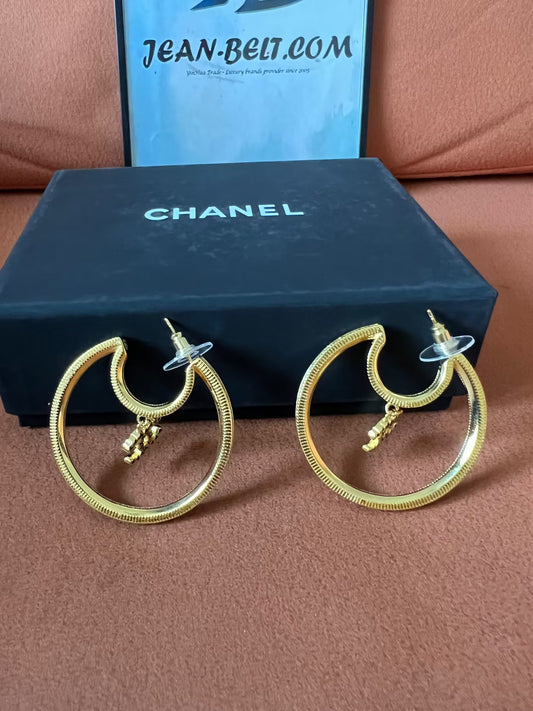 Chanel Gold Hoop Earrings with Interlocking CC Charm
