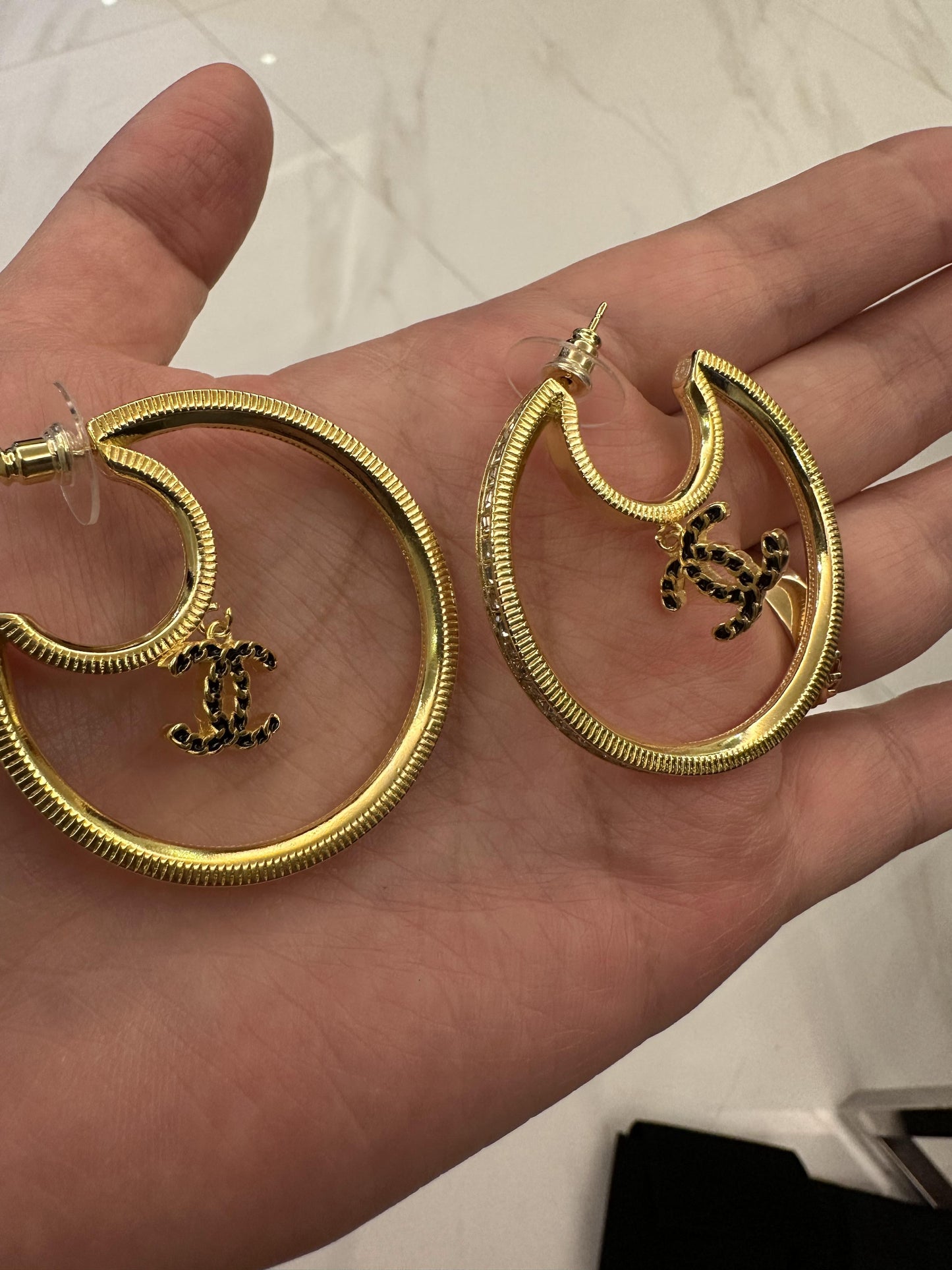 Chanel Gold Hoop Earrings with Interlocking CC Charm