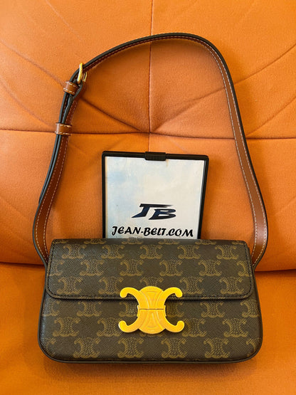 Celine Triomphe Shoulder Bag in Canvas and Calfskin Brown