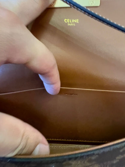 Celine Triomphe Shoulder Bag in Canvas and Calfskin Brown