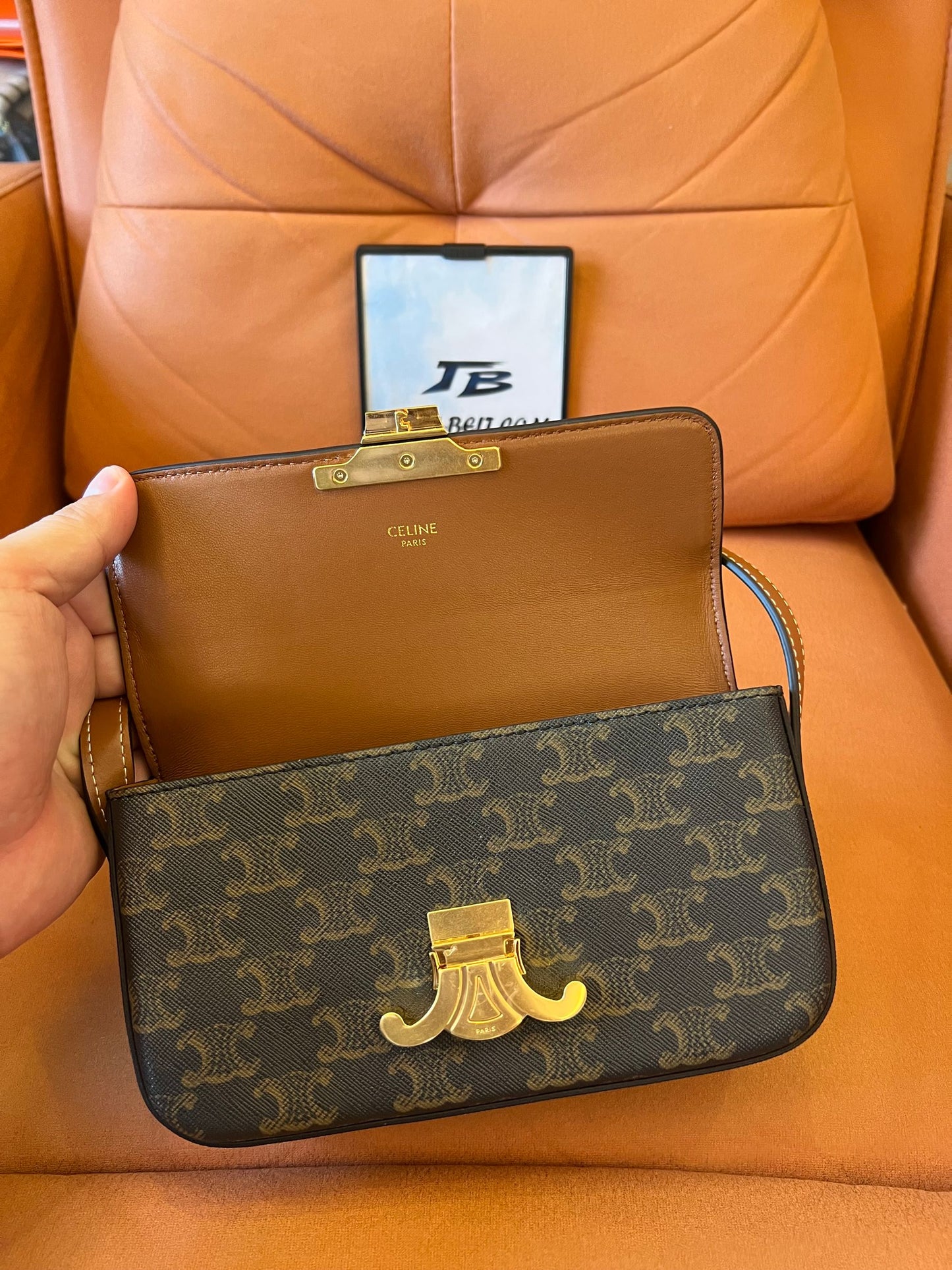 Celine Triomphe Shoulder Bag in Canvas and Calfskin Brown