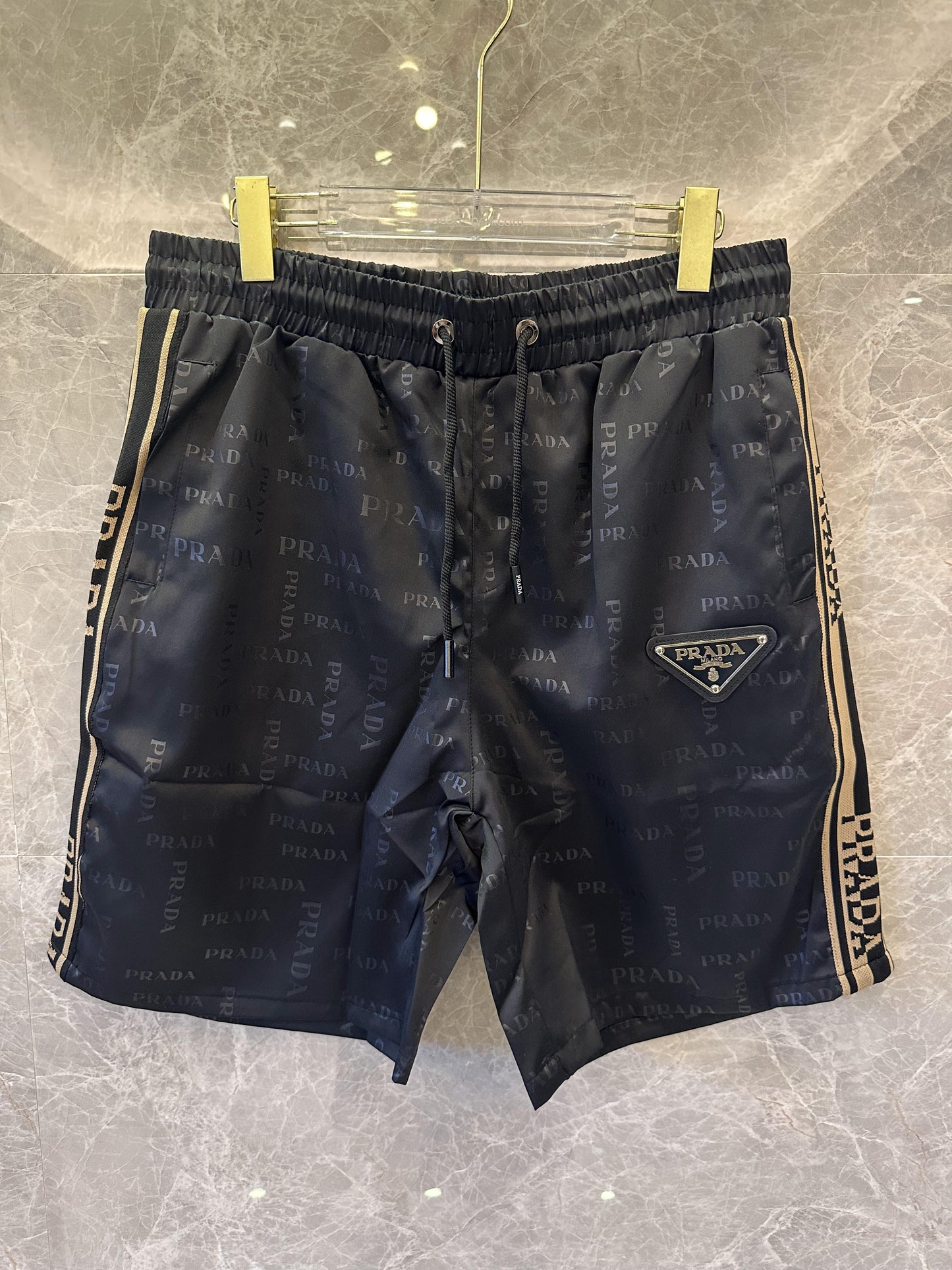 Prada black monogram shorts with side logo stripe