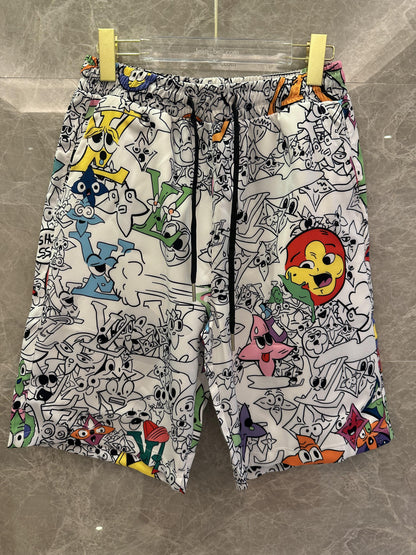 Pantalones cortos con estampado de dibujos animados de Louis Vuitton: diseño gráfico divertido en colores vibrantes