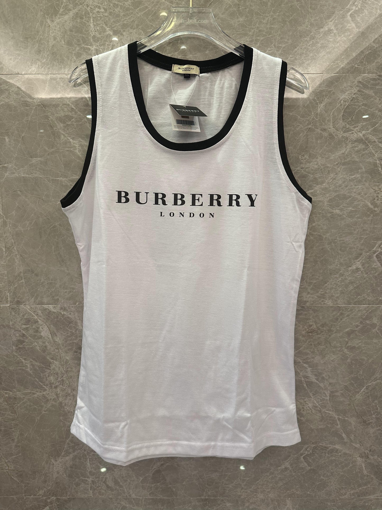 Burberry London White Tank Top with Black Trim Logo Print