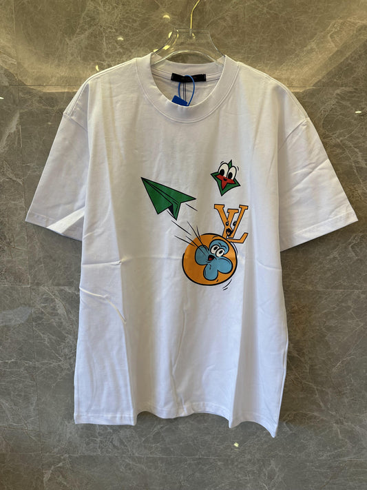 Camiseta Louis Vuitton con estampado de dibujos animados y divertidos detalles del logotipo (blanca)