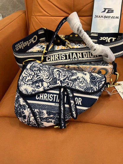 Bolso alforja Dior bordado toile de jouy azul