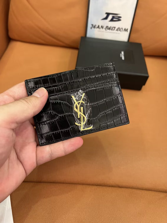 Saint Laurent monogram crocodile-embossed card holder in black