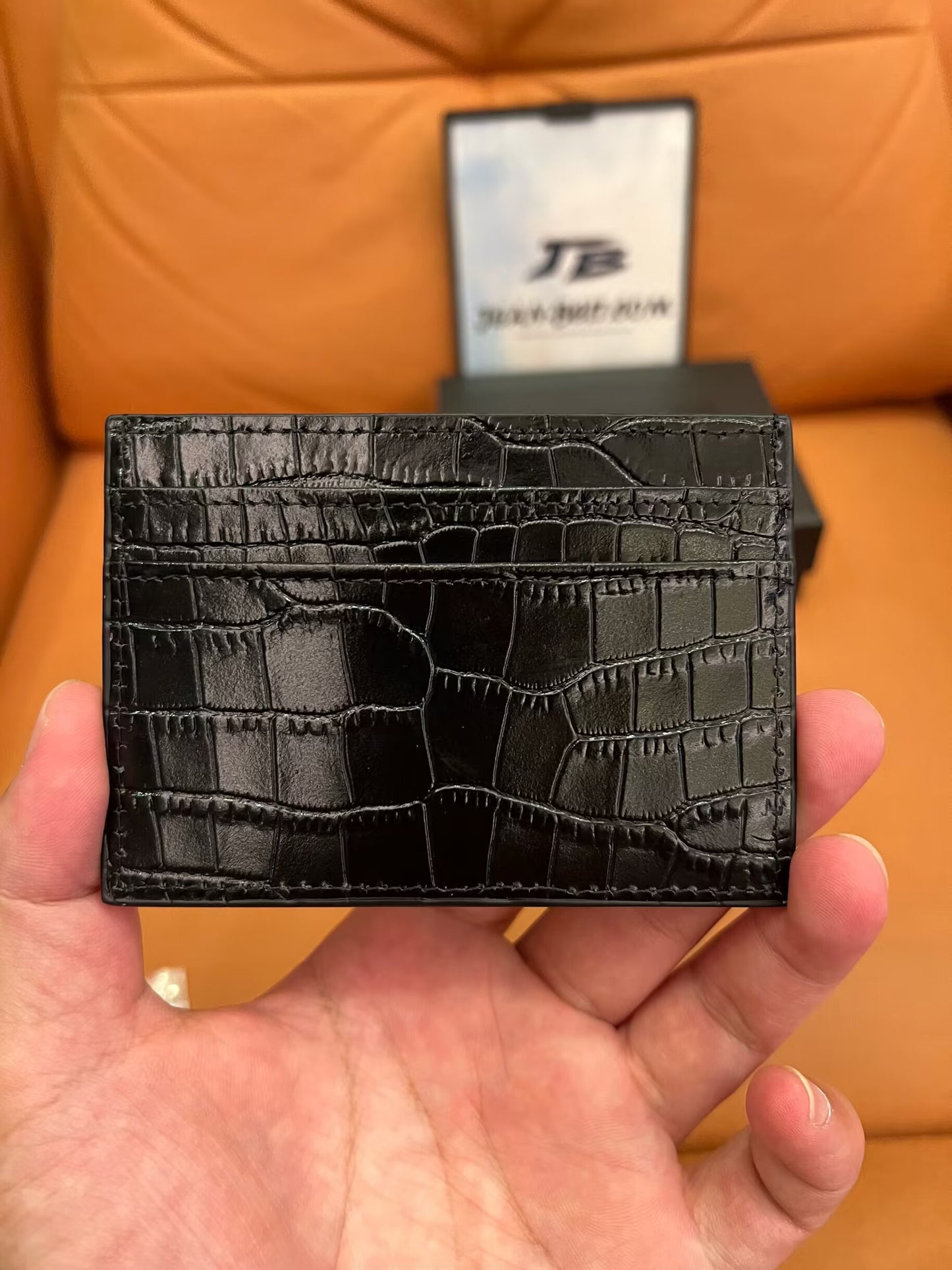 Saint Laurent monogram crocodile-embossed card holder in black