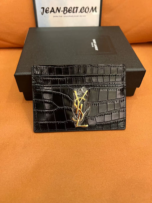 Saint Laurent monogram crocodile-embossed card holder in black