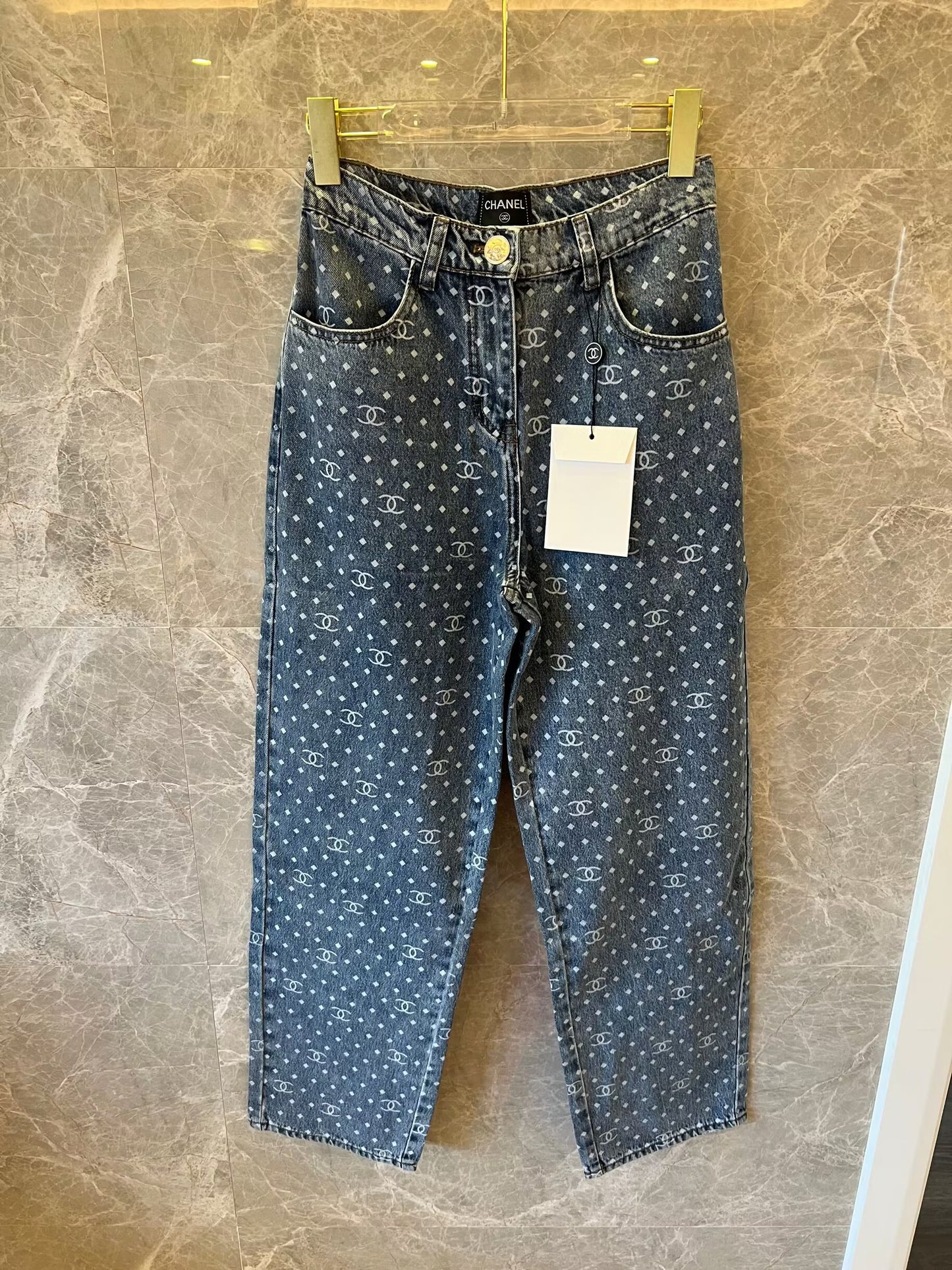 Chanel Monogram Denim Pants with Polka Dot Pattern