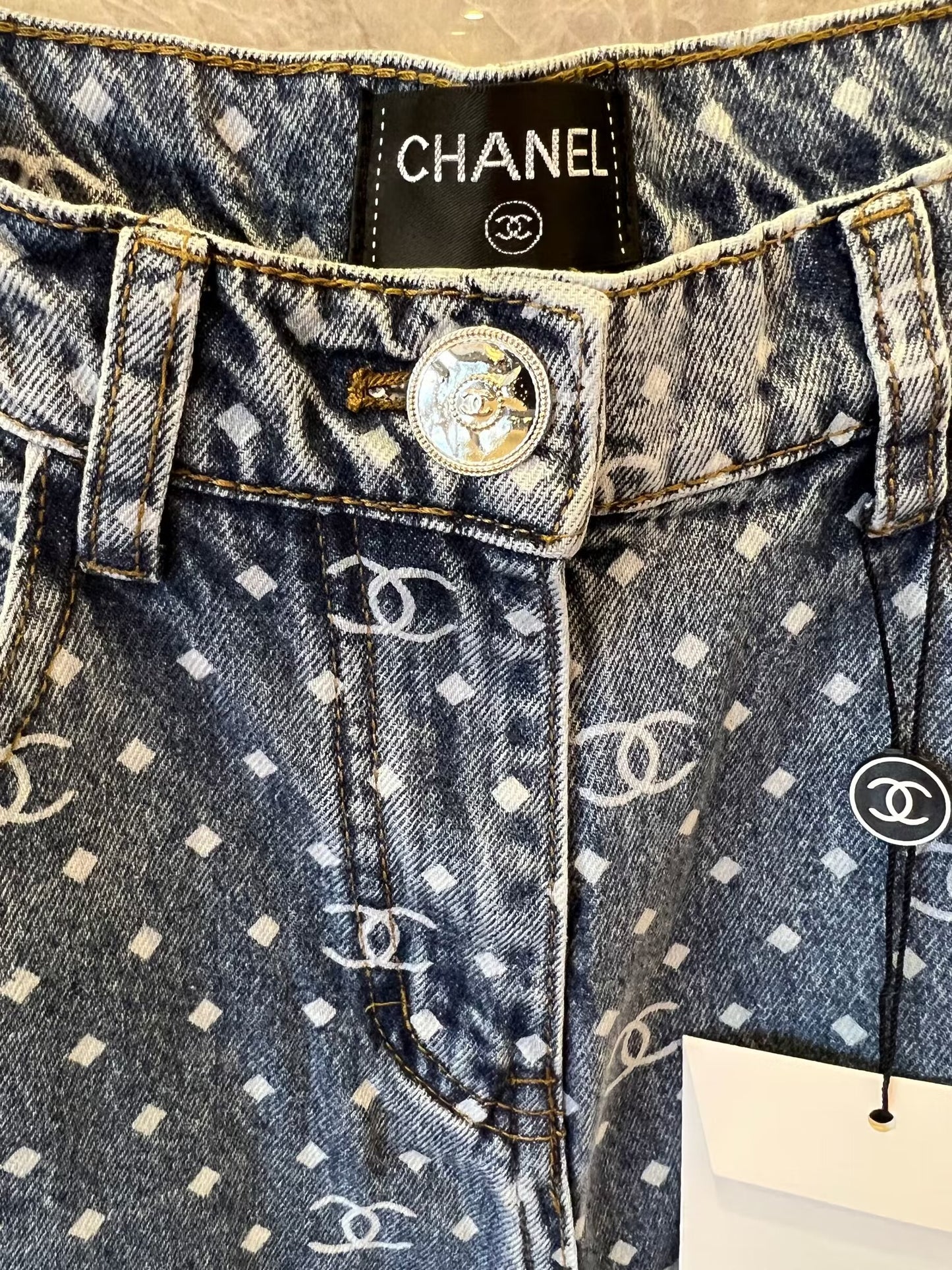 Chanel Monogram Denim Pants with Polka Dot Pattern