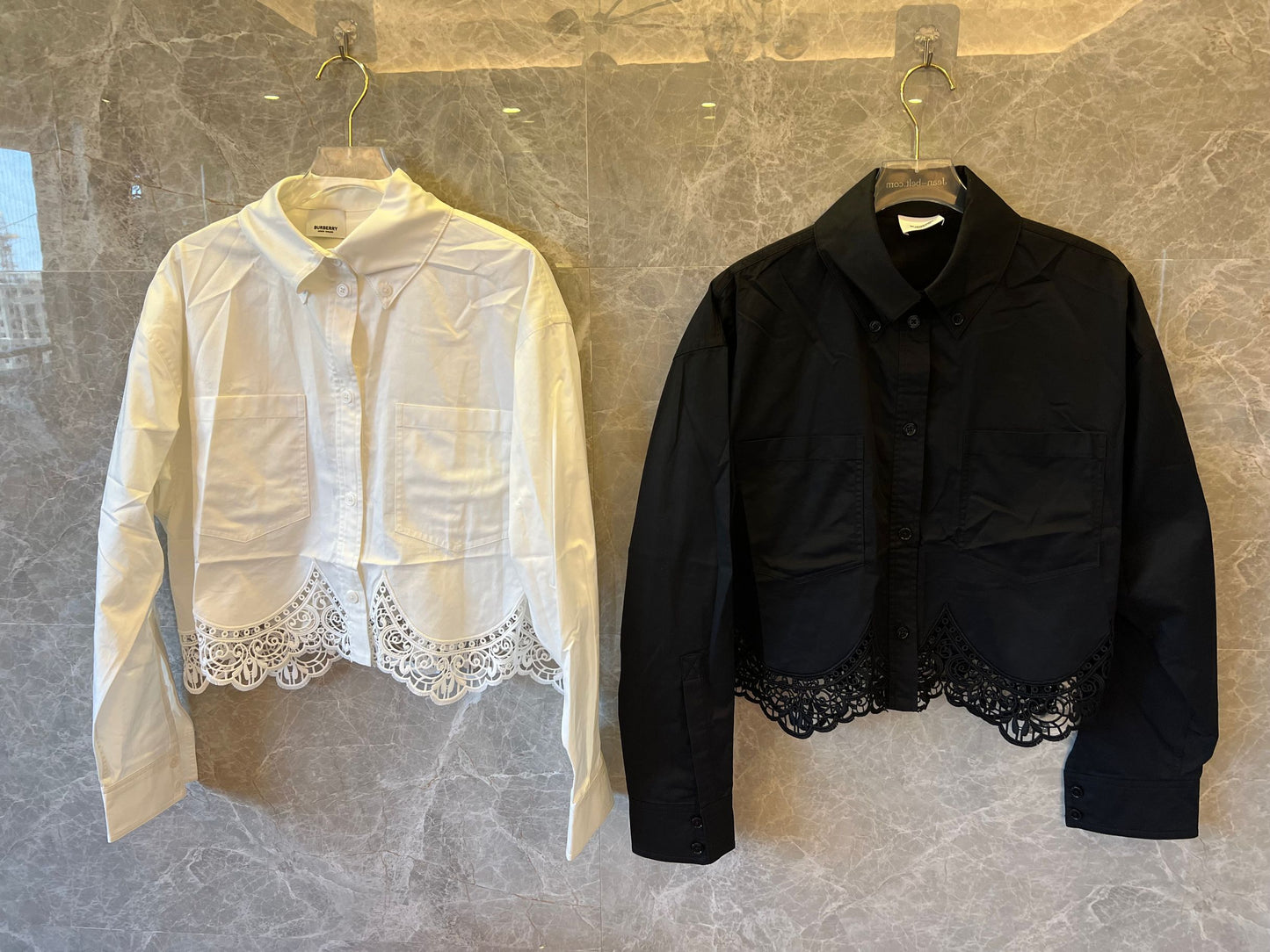 Burberry Elegant Cropped Lace Hem Shirt in Black and White