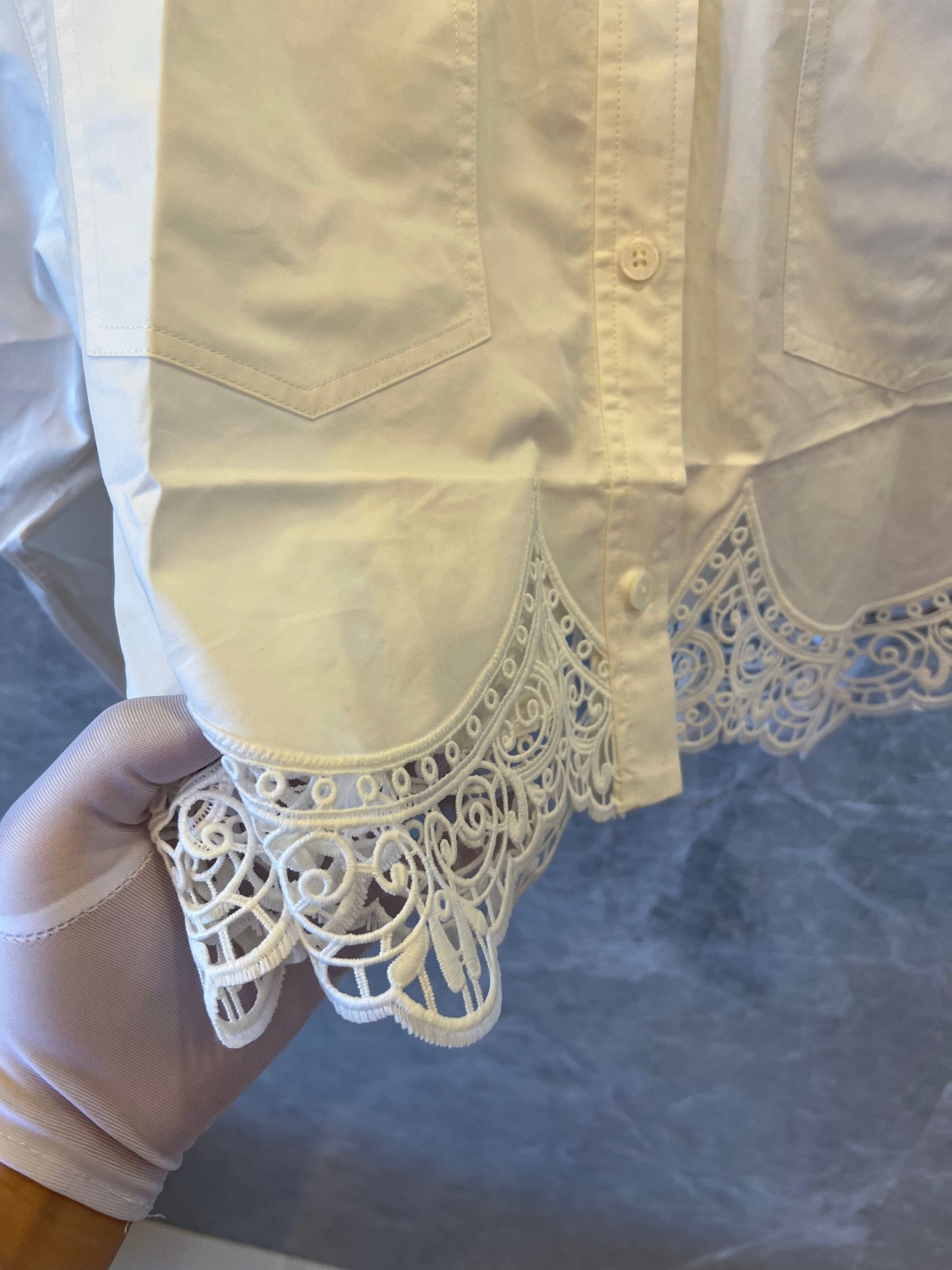 Burberry Elegant Cropped Lace Hem Shirt in Black and White