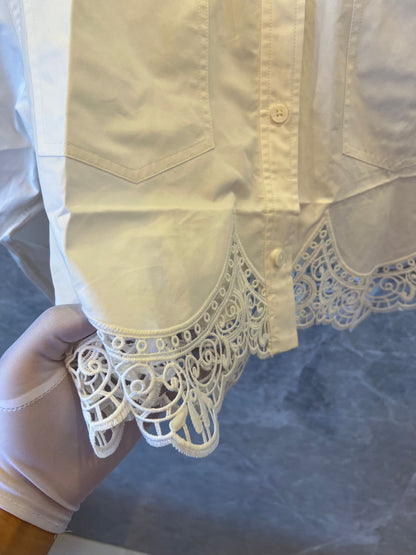Burberry Elegant Cropped Lace Hem Shirt in Black and White