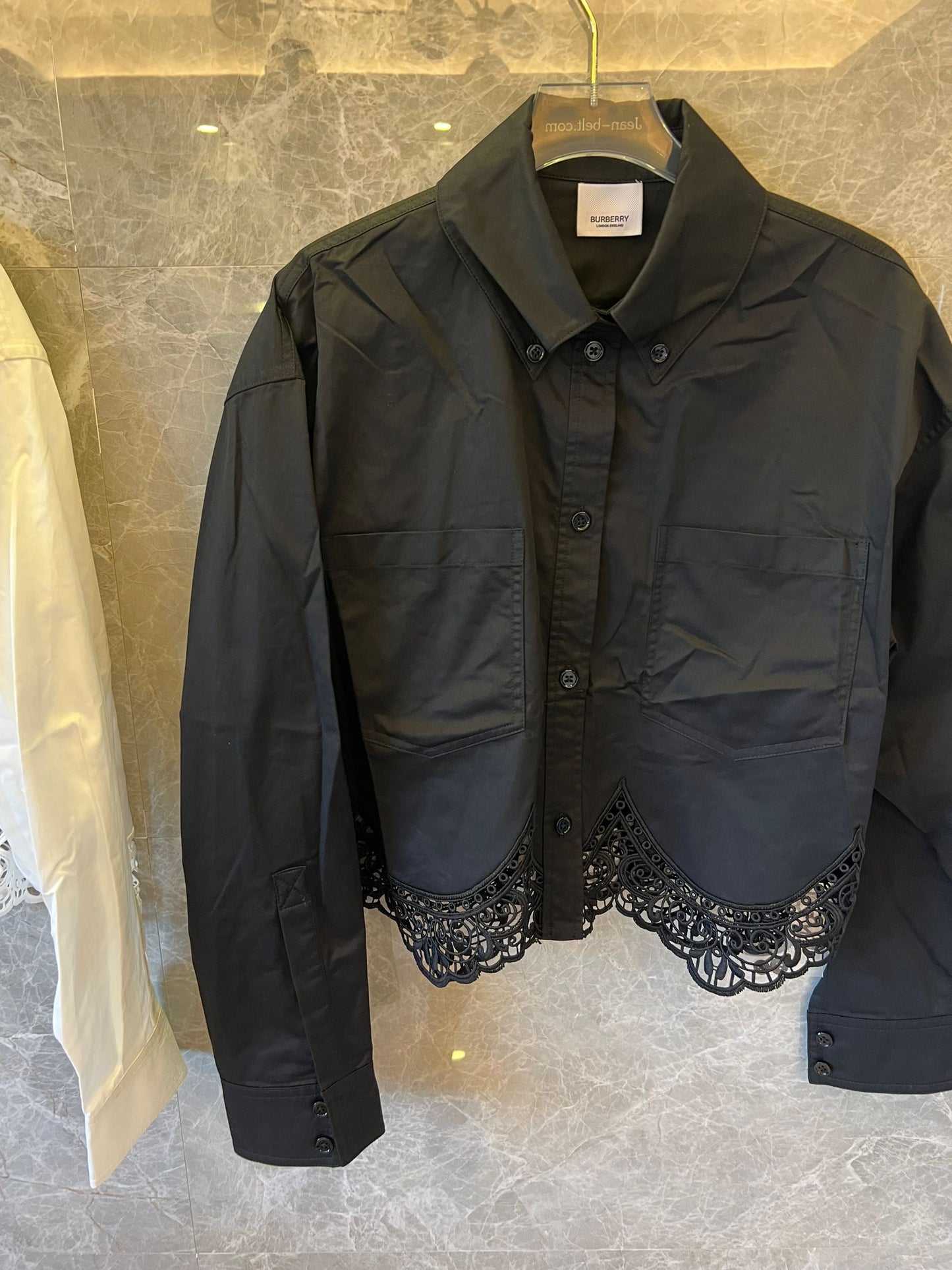 Burberry Elegant Cropped Lace Hem Shirt in Black and White
