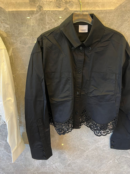 Burberry Elegant Cropped Lace Hem Shirt in Black and White