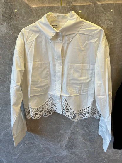 Burberry Elegant Cropped Lace Hem Shirt in Black and White