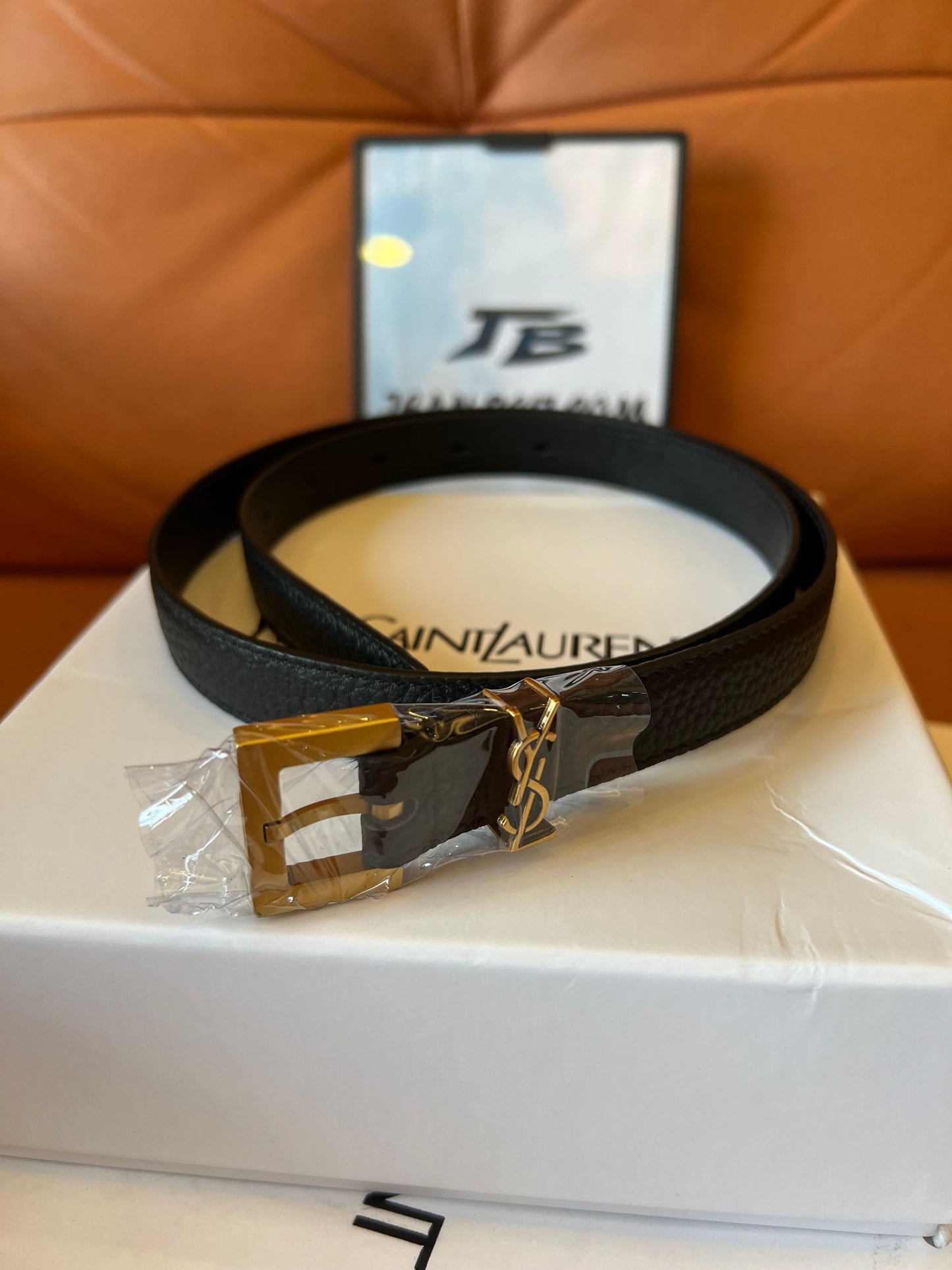 Saint Laurent black leather belt with gold YSL buckle