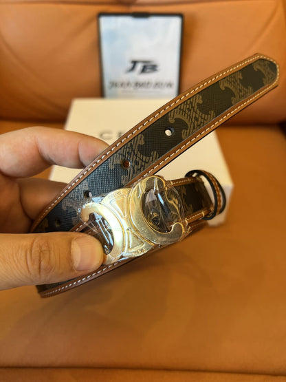 Cinturón Celine Triomphe de lona y piel con hebilla Triomphe dorada