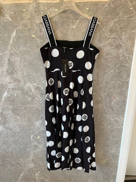 Dolce & Gabbana black polka dot midi dress with logo straps