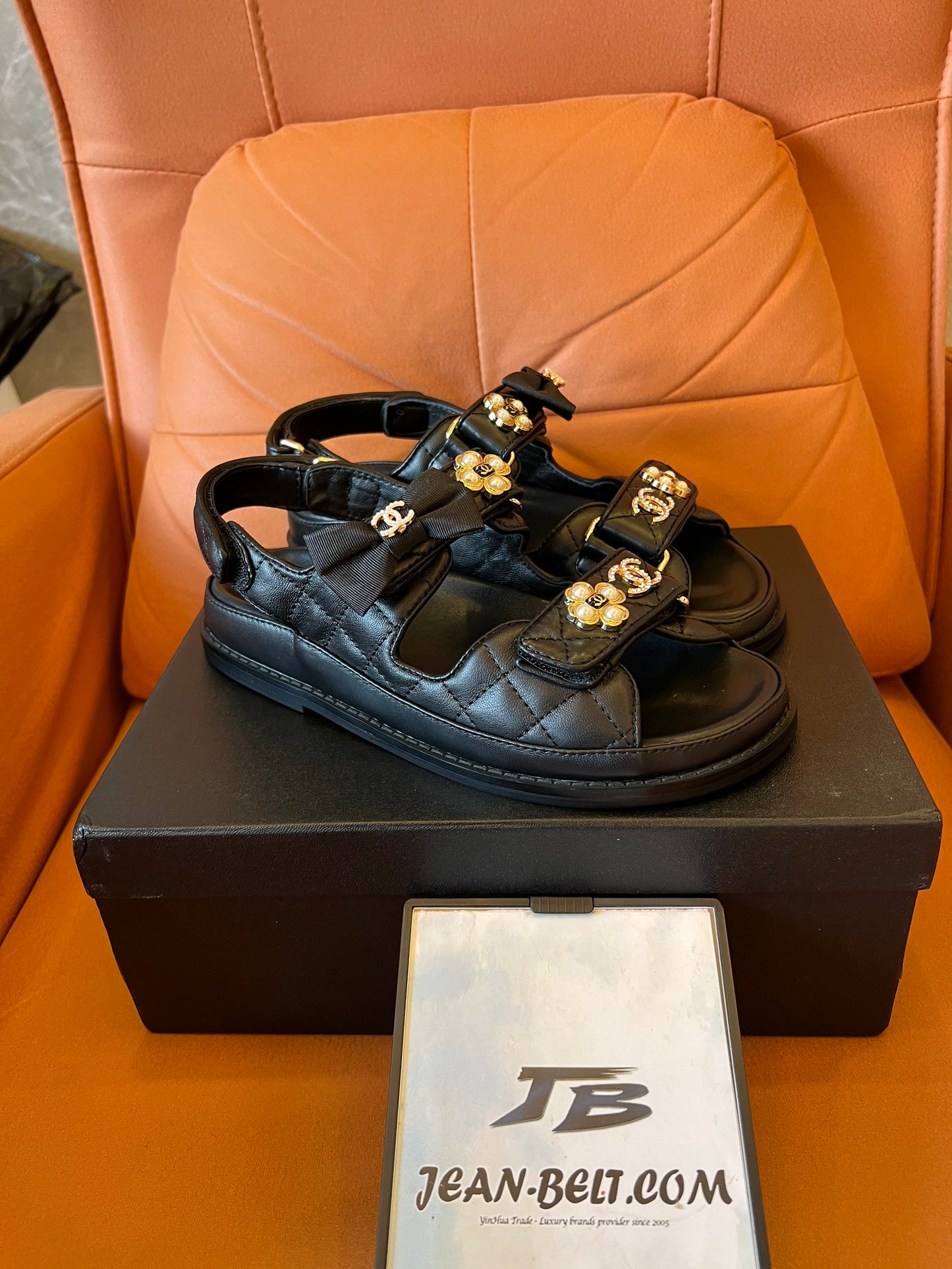 Chanel Dad Sandals with Bows and Pearls Black