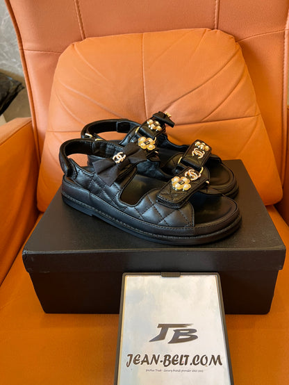 Chanel Dad Sandals with Bows and Pearls Black
