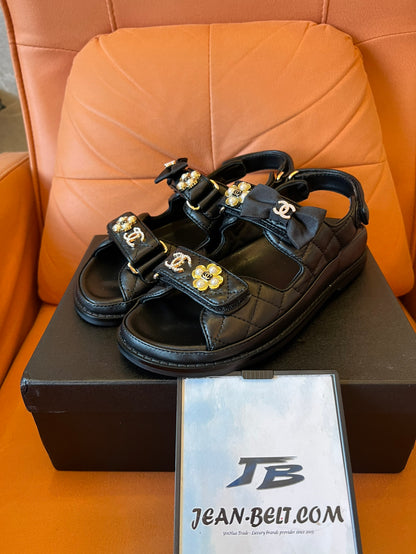 Chanel Dad Sandals with Bows and Pearls Black
