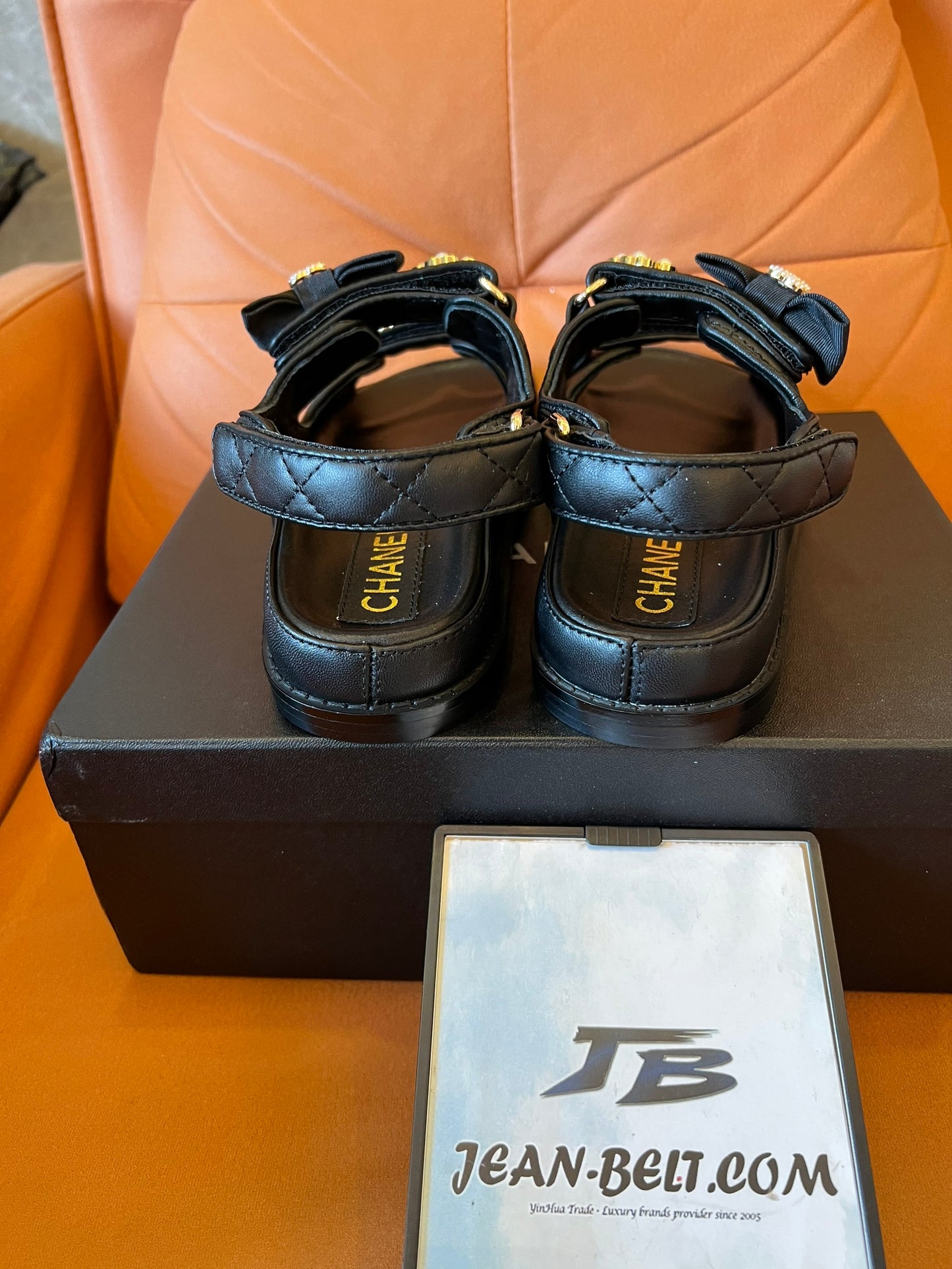 Chanel Dad Sandals with Bows and Pearls Black