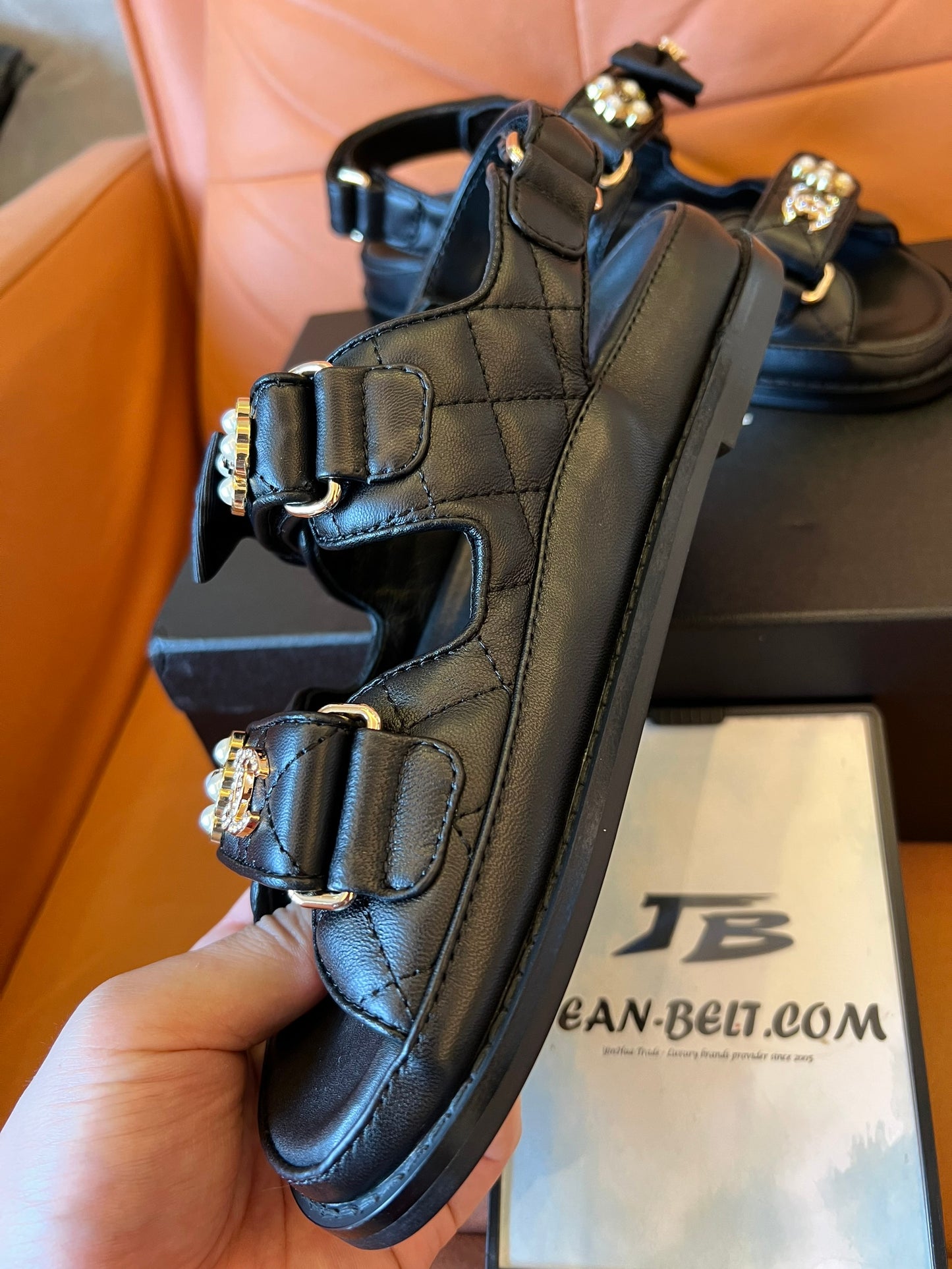 Chanel Dad Sandals with Bows and Pearls Black