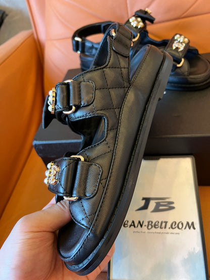 Chanel Dad Sandals with Bows and Pearls Black