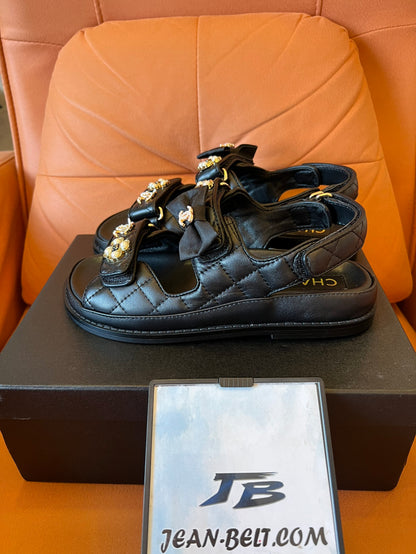 Chanel Dad Sandals with Bows and Pearls Black