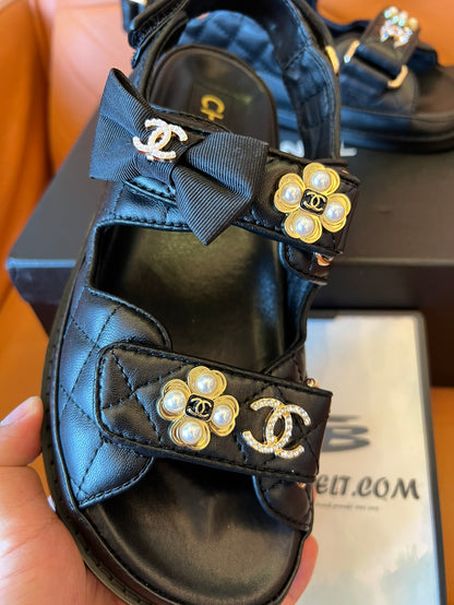 Chanel Dad Sandals with Bows and Pearls Black