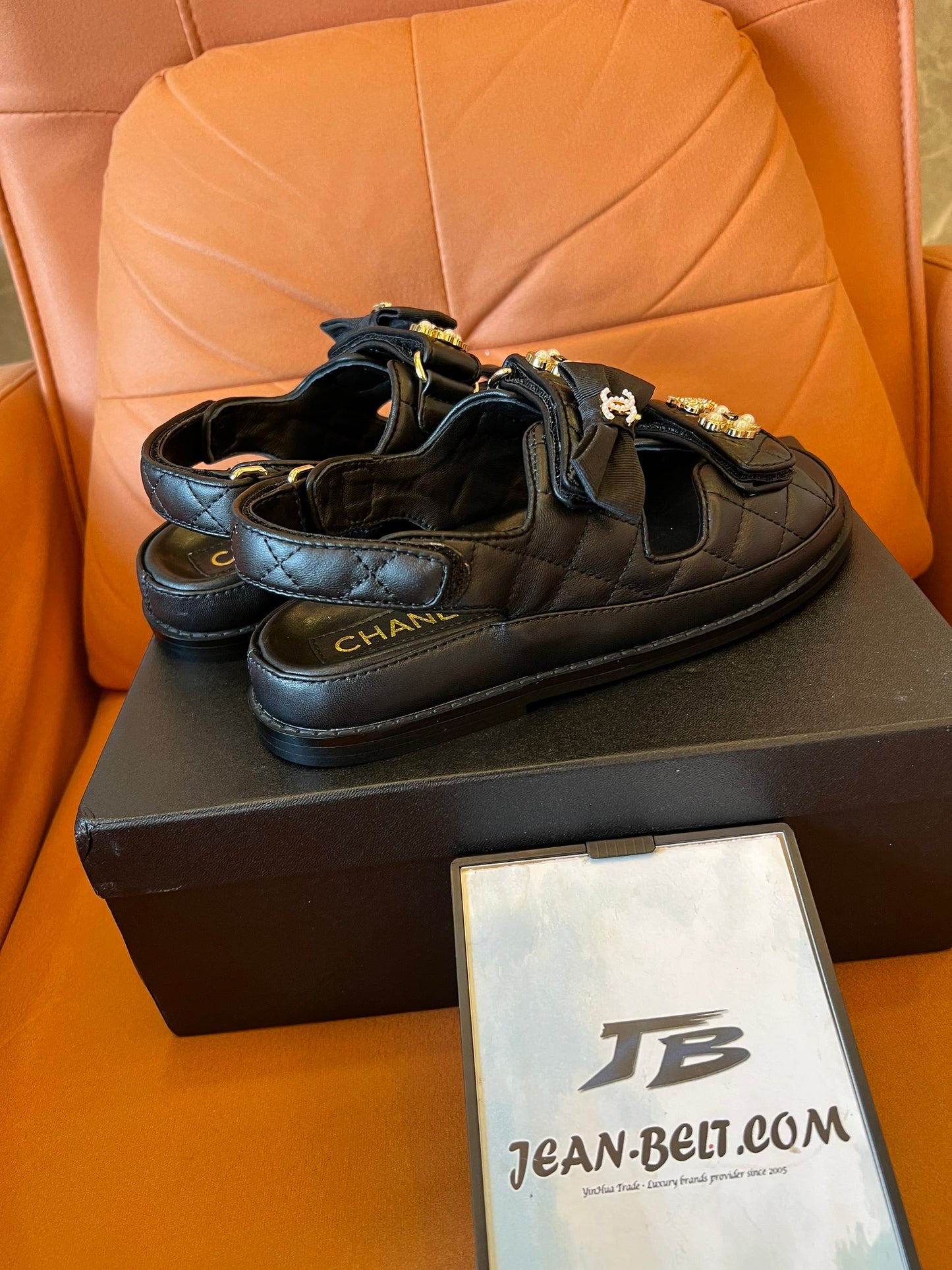 Chanel Dad Sandals with Bows and Pearls Black