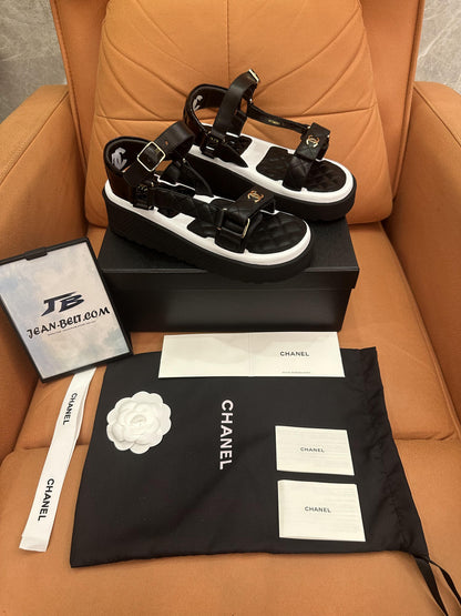 Chanel Lambskin Logo Platform Sandals Black White