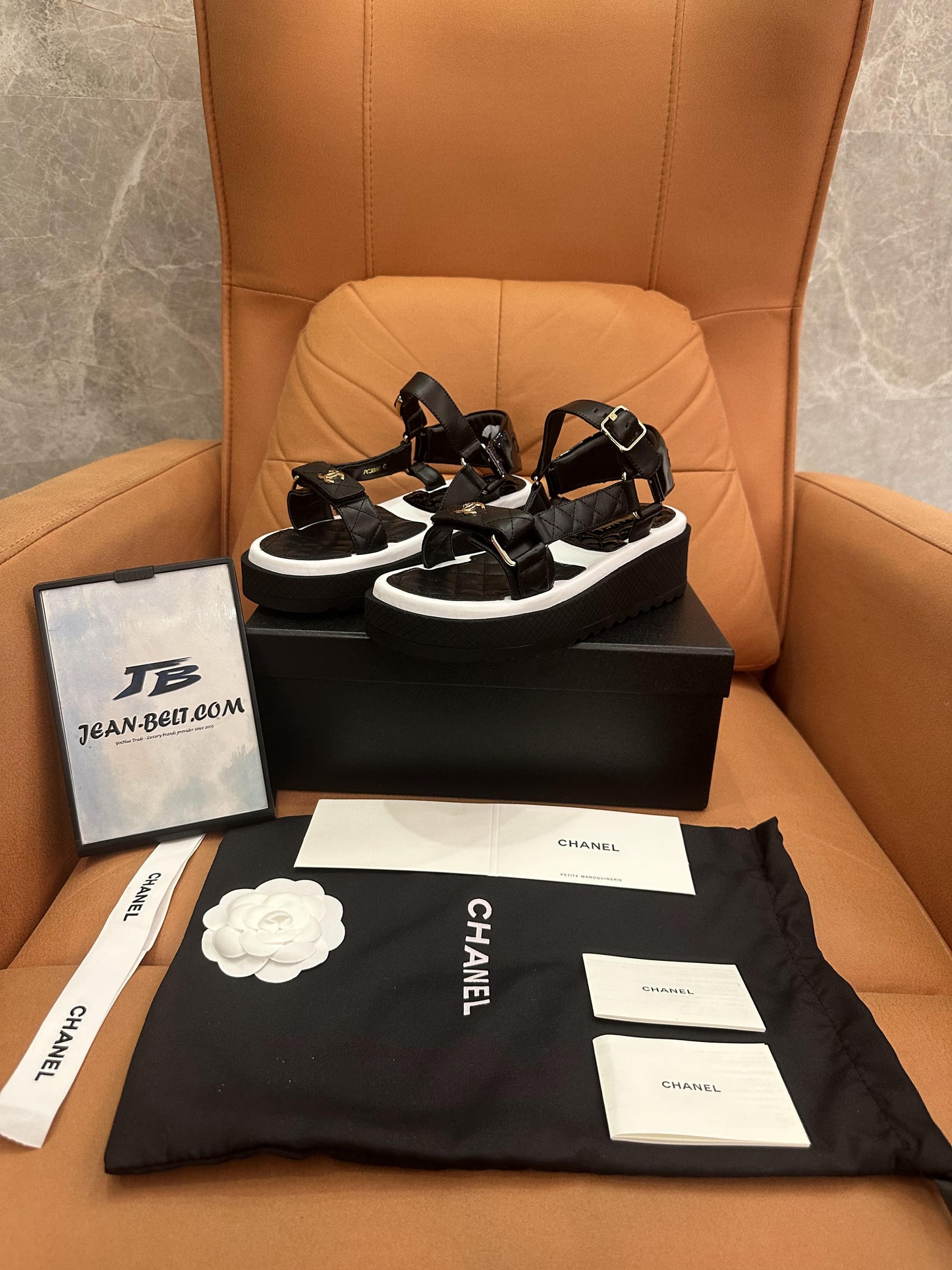 Chanel Lambskin Logo Platform Sandals Black White